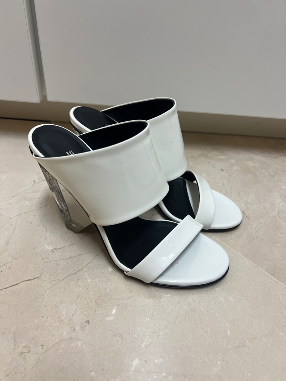 Balmain White Slide Sandals with Clear Geometric Heels